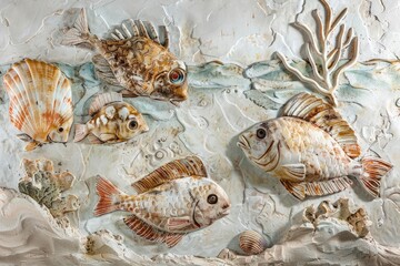 Obraz premium Radiant abstract seafood motifs, evoking the flavors of fresh fish and succulent shellfish, adorn a backdrop of pure white, inviting the viewer to savor the bounty of the ocean.