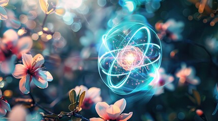 An artistic representation of an atom's electron paths among blooming flowers