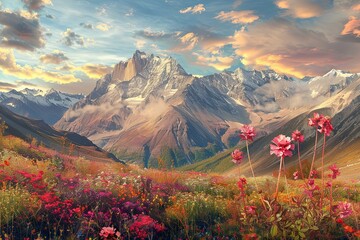 The scenery is the mountains decorated with colorful flowers, shrouded in clouds in the distance. - obrazy, fototapety, plakaty