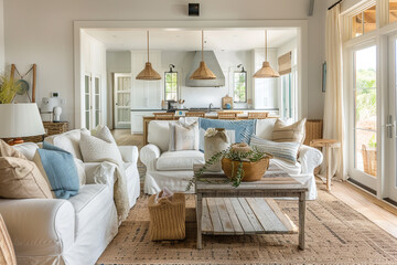 Beach-inspired lounge with breezy accents for a relaxed ambiance.