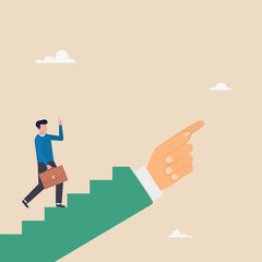 A businessman climbs the stairs, pointing with his hand as a leader. Success step, leadership or career path growth strategy, motivation and determination.
