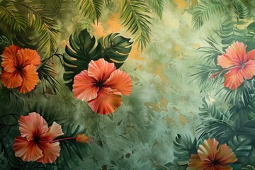 Radiant abstract hibiscus motifs, reminiscent of tropical blooms, adorn a backdrop of lush jungle green, inviting the viewer into a world of exotic culinary delights.