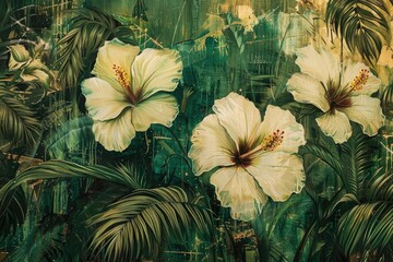 Radiant abstract hibiscus motifs, reminiscent of tropical blooms, adorn a backdrop of lush jungle green, inviting the viewer into a world of exotic culinary delights.