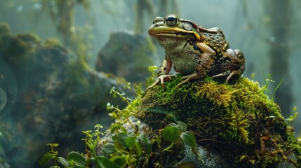 Perched atop a moss-covered rock, a frog surveys its domain with an air of regal authority, its gaze unwavering and commanding. - obrazy, fototapety, plakaty