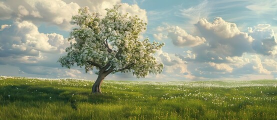 A blossoming tree filled with springtime melodies and aura. The sweet breeze of spring sways the tree, which has a proud posture in solitude.