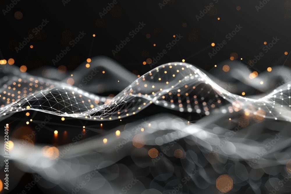 Poster abstract concept of glowing digital wave with orange sparkles representing connectivity and data flo