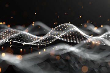 Abstract concept of glowing digital wave with orange sparkles representing connectivity and data flow