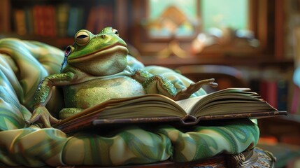 Nestled on a plush cushion, the cartoon frog indulges in a cozy reading session, lost in the pages...