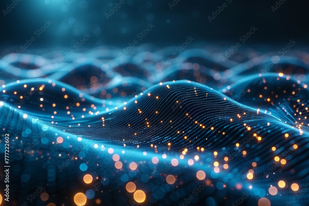Aufkleber a digital concept showing a blue particle wave with glowing points, reminiscent of a futuristic tech