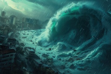 Massive Wave Tsunami Impact - obrazy, fototapety, plakaty