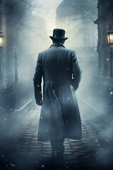 Within the atmospheric city alley, a mysterious gentleman clad in a black coat and top hat wanders alone, conjuring images of a cinematic historical thriller's enigmatic protagonist from the 1900s - obrazy, fototapety, plakaty