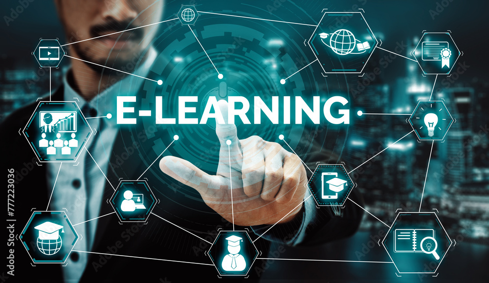 Aufkleber e-learning and online education for student and university concept. graphic interface showing techno