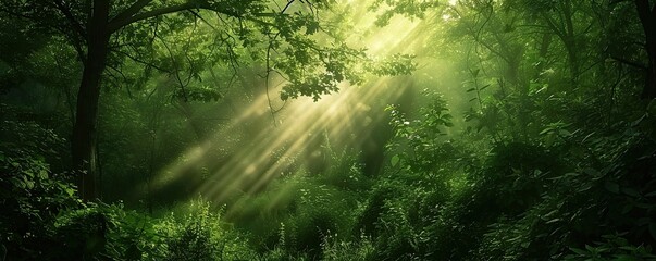 Sunlight shining through the green trees, filtering through the leaves. The rays of the sun are...