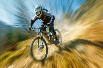 Speed blur of male mountain bike cyclist going downhill - obrazy, fototapety, plakaty