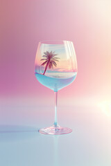 Summer beach inside a wine glass on a pastel pink background. Minimal summer drink concept.