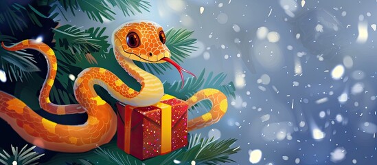 Obraz premium A friendly snake with a gift among snowy pine branches