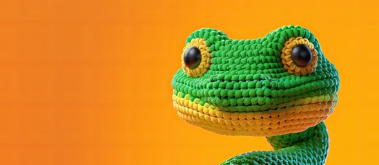 A colorful toy snake with a whimsical design against an orange background