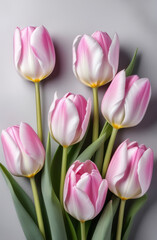 Obraz premium Seven soft pink and white tulips lie on a gray concrete background.