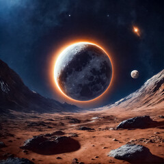 Fantasy alien planet. Mountain and moon. 3D Rendering