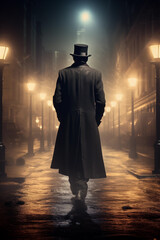 Through the fog-drenched streets, a lone figure, reminiscent of a cinematic historical thriller protagonist, dons a black coat and top hat, wandering the city alley in solitude and mystery - obrazy, fototapety, plakaty