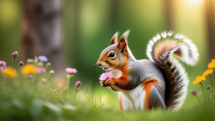 Squirrel holding a flower, sitting in a flower meadow, side view on a blurred green forest background.
