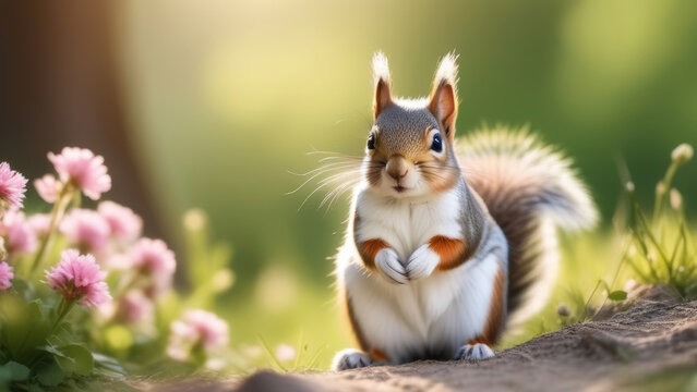 A funny baby squirrel sits in a clearing with flowers, with a blurred green forest background with sunlight behind it.