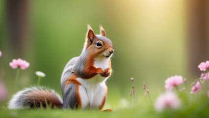 A cute squirrel in a clearing with flowers on a light green blurry forest background. Pastel shades. Banner. Postcard, place for text.