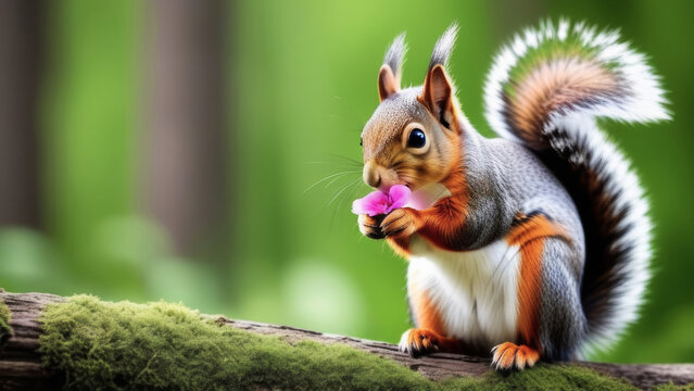 Close-up of a squirrel on the right on a branch, holding a pink flower, green blurred background.