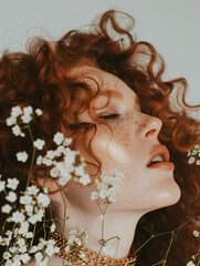 A photo of a fashion model surrounded with small white flowers with red hair and glittery makeup, wearing a gold choker necklace. Beauty shot for magazine. Glittering beauty.