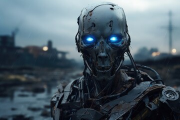 Sentinel of the Ruins: Robot Soldier in Post-Apocalyptic Downpour - obrazy, fototapety, plakaty