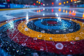 An up-close, colorful image of curling stones on ice, highlighted by the bright, reflective night lights