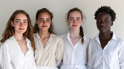 Obraz premium Four young women in white shirts, displaying natural beauty.
