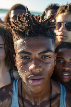 Youthful, sandy-haired teenager with friends at the beach.