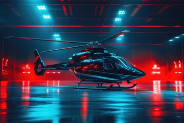 Fototapeta premium Airborne Elegance: Black Helicopter with Distinctive Red and White Trim