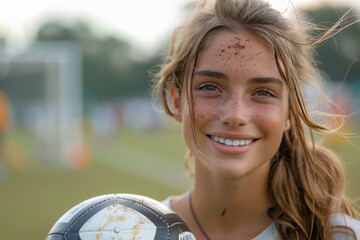 A young female athlete poses with a soccer ball, exuding confidence and enjoyment on the soccer...