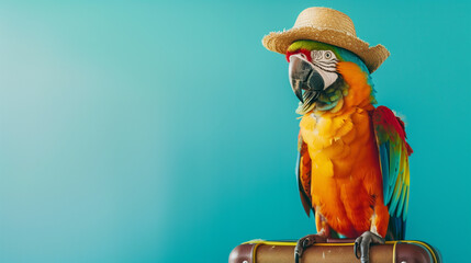 Beautiful colorful parrot wearing a hat sitting on a suitcase against an isolated pastel blue background with copy space. Conveying a summer vacation concept. Travel mood.