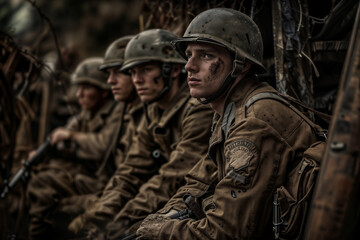 Fototapeta premium Group of reenactors wearing wwii uniforms rest, portraying soldiers in a moment of calm