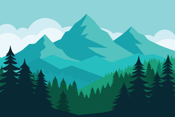 Beautiful Landscape Pine Forest With Mesmerizing Mountain Views vector design - obrazy, fototapety, plakaty