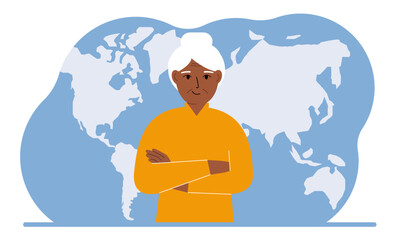 A woman stands in front of a world map with his arms crossed. Vector flat illustration