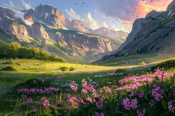 A springtime image with abundant purple flowers surrounded by greenery in the foreground, mountains, clouds and the setting sun in the distance.