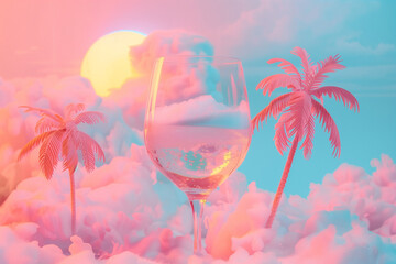 Wine glass with beach sand and water on a pastel summer beach background with palm trees and sun. Minimal concept of tropical summer cocktail.