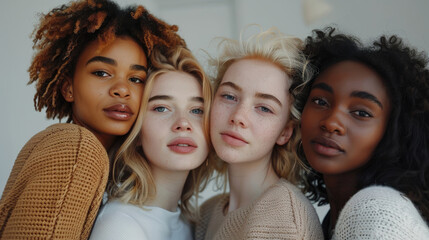 Obraz premium Group portrait of four diverse women, exuding warmth and close friendship.