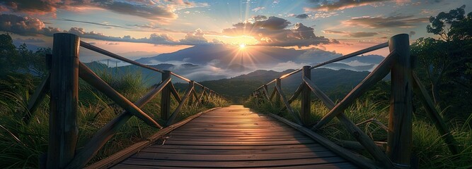 A wooden path, which is located in the bosom of nature reminiscent of eternity, and the sun is shining from the front. - obrazy, fototapety, plakaty