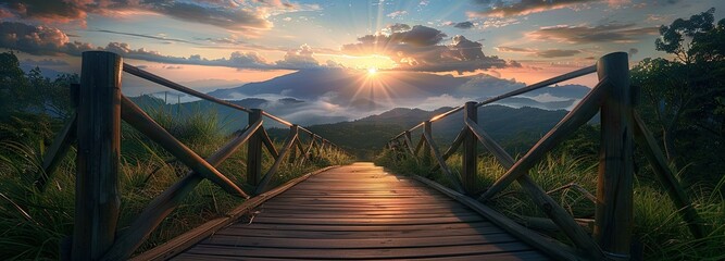 A wooden path, which is located in the bosom of nature reminiscent of eternity, and the sun is shining from the front.