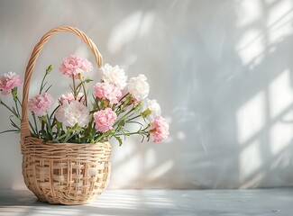 A basket made of bamboo, with pink and white carnations inside the bag, is placed on gray concrete tabletops against light background - obrazy, fototapety, plakaty