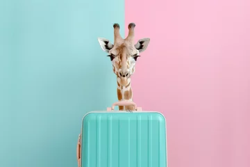 Foto op Plexiglas Cute baby giraffe standing behind pastel blue suitcase. Pastel pink and blue background with copy space. Creative animal concept © Femmes.Digital