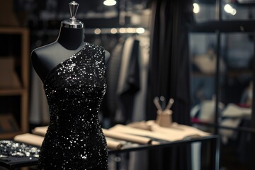 Fashion Studio Work: Black Sequin Dress on Mannequin - Powered by Adobe