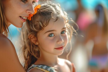Fototapeta premium Group of people enjoying a sunny day at the beach, with a woman and a little girl standing in the foreground