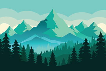 Beautiful Landscape Pine Forest With Mesmerizing Mountain Views vector design - obrazy, fototapety, plakaty