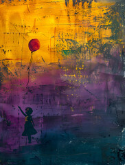A painting of a girl in a natural landscape holding a red balloon at dawn